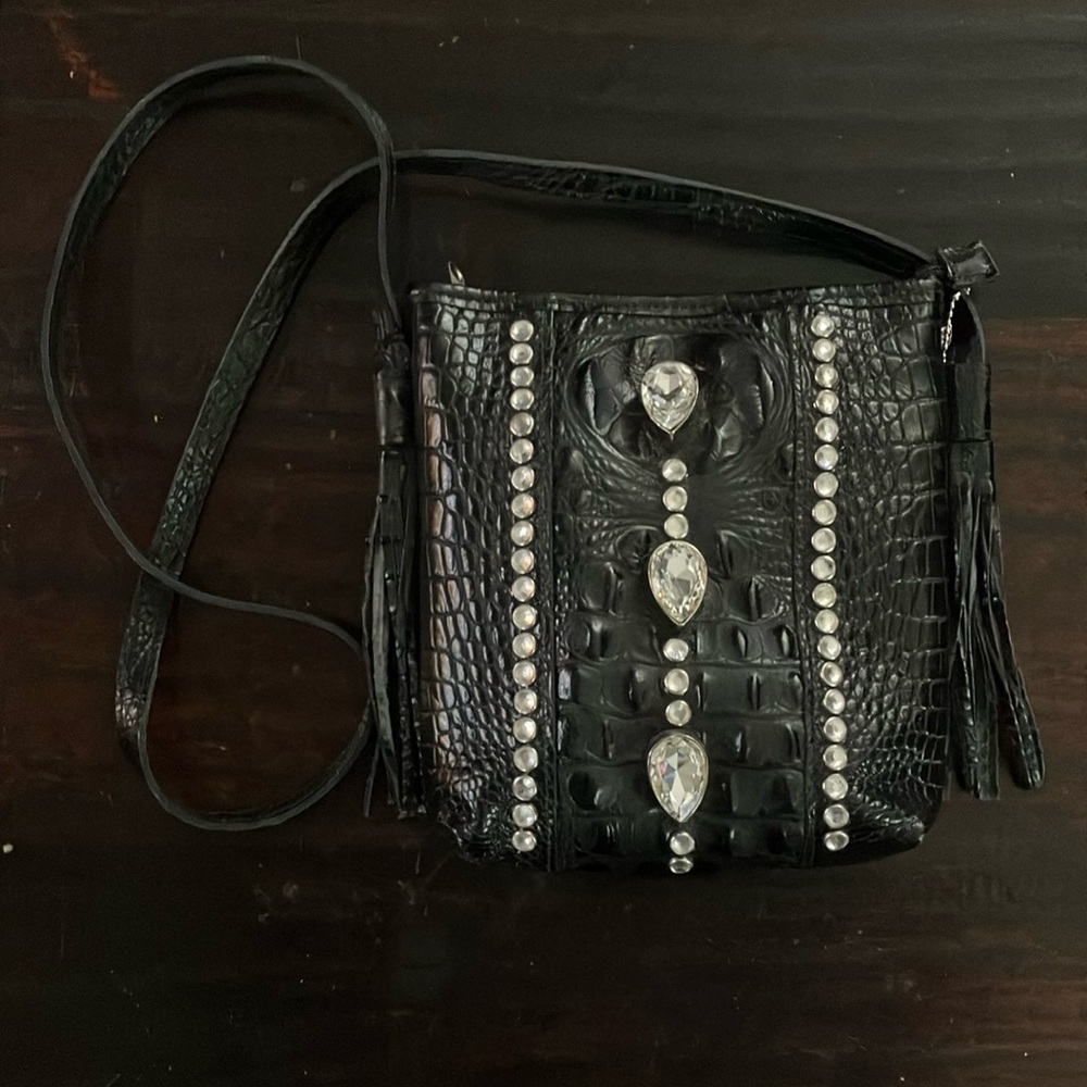 Raviani Black Crossbody Bag with Fringe and Embellishments